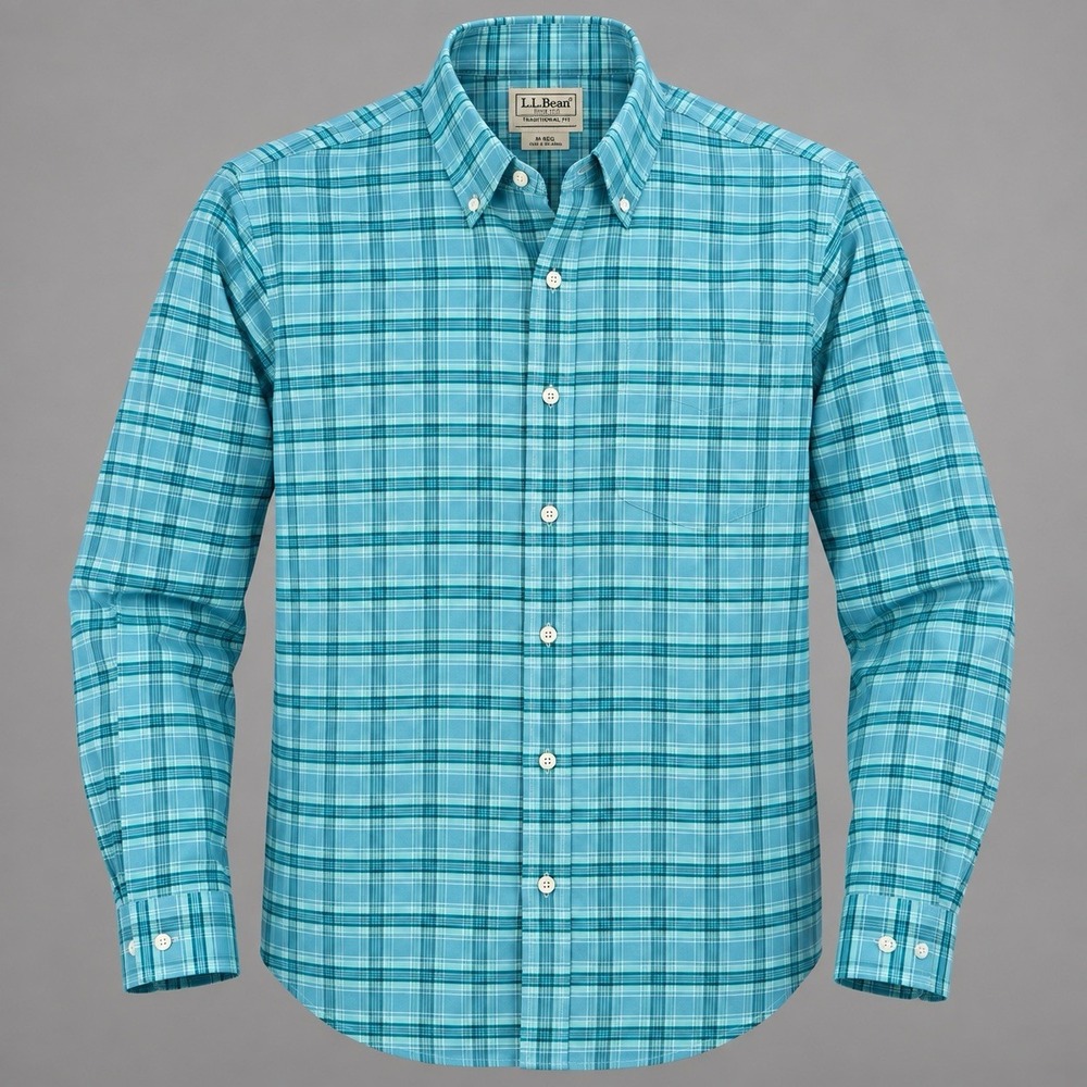 LL Bean Men's Medium Traditional Fit Plaid Button Down Stretch Shirt Blue 510030